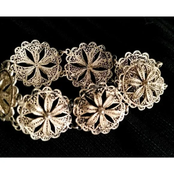 Vintage Floral Filigree Silver Color Link Bracelet 7 1/4" - Picture 3 of 4